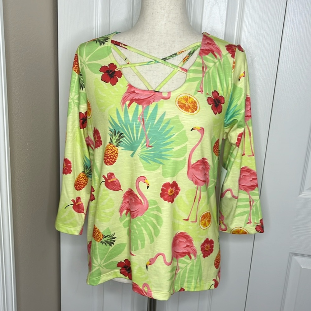 Pink Flamingos & Pineapples 3/4 Sleeve Top, NWT
